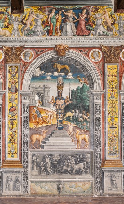 Das astrologische Zeichen des Löwen mit Diana, zwei Hirschen und einem Satyr wie auf einem Sarkophag im Bleinhaim-Palast; im Hintergrund der Arco degli Argentari in Rom und Herkules im Kampf gegen den Nemeischen Löwen, Kammer des Zodiaks von Giovanni Maria Falconetto