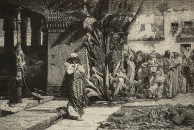 Magdalena, Frau mit Turban und Prozession in einem Dorf im Nahen Osten, Gravur von den Cantagalli-Brüdern nach einem Gemälde von Giovanni Muzzioli (1854-1894), Modena, Italien aus L
