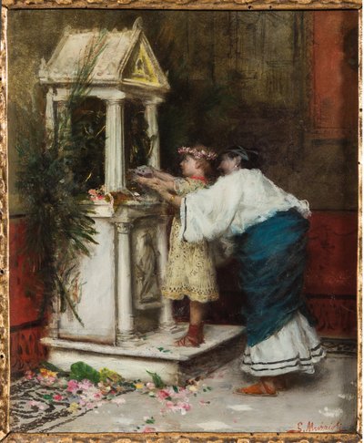 Mutter und Tochter vor einem kleinen Tempel von Giovanni Muzzioli