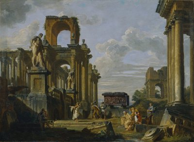 Architektonische Capriccio des römischen Forums mit Philosophen und Soldaten unter antiken Ruinen von Giovanni Paolo Pannini