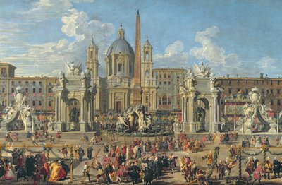 Vorbereitung für das Feuerwerk auf der Piazza Navona, Rom, zur Feier der Geburt des Dauphins, 1729 (Detail) von Giovanni Paolo Pannini