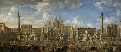 Vorbereitung für das Feuerwerk auf der Piazza Navona, Rom, zur Feier der Geburt des Dauphins, 1729 von Giovanni Paolo Pannini