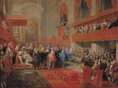 Verleihung des Ordens des Heiligen Geistes an Prinz Vaini durch Paul-Hippolyte de Beauvillers (1684-1776), Herzog von Saint-Aignan, 1732, ca. 1752 von Giovanni Paolo Pannini