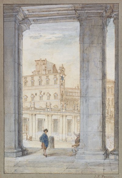 Eine Ansicht des Petersplatzes unter Berninis Kolonnaden, der Sixtinischen Kapelle und des Papstpalastes dahinter von Giovanni Paolo Pannini