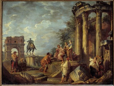 Architektonische Ruinen mit dem Bogen des Janus, dem Tempel der Vesta und der Statue von Marc Aurel von Giovanni Paolo Pannini