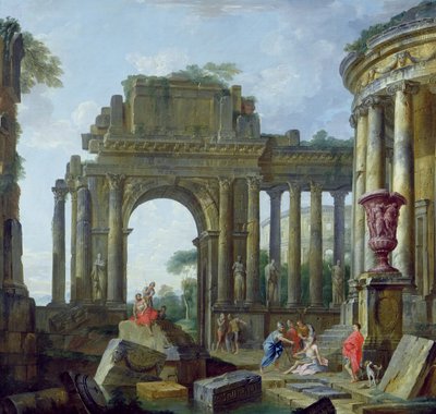 Römische Ruinen mit dem blinden Belisarius von Giovanni Paolo Pannini