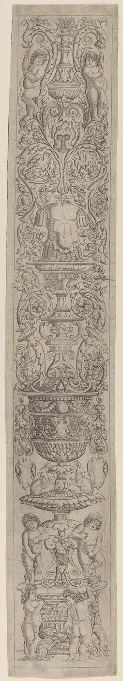 Ornamenttafel: Vier Kinder mit einer Katze und einem Hund von Giovanni Pietro Birago and Zoan Andrea