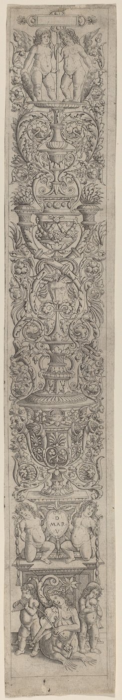 Ornamenttafel: Nereide und zwei Kinder, die Musikinstrumente spielen von Giovanni Pietro Birago and Zoan Andrea