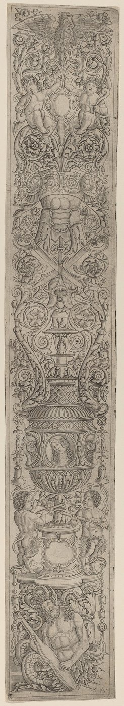 Ornamenttafel: Triton und zwei Satyrkinder von Giovanni Pietro Birago and Zoan Andrea