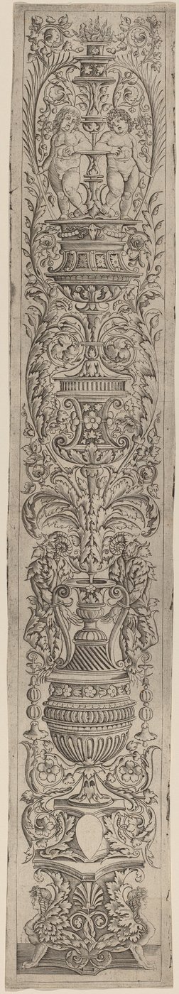 Ornamenttafel: Zwei Sphinxe und zwei Kinder, die Palmen halten von Giovanni Pietro Birago and Zoan Andrea