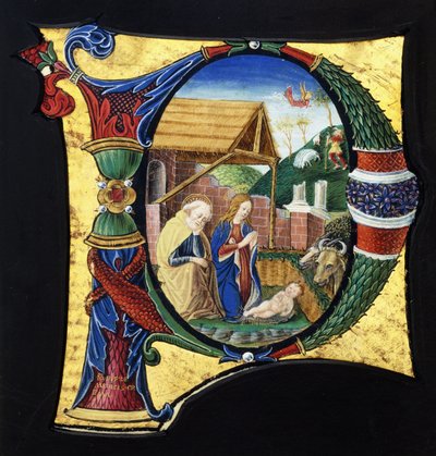 Ein großes historiertes Initial "P", das eine Geburtsszene darstellt, ca. 1490 von Giovanni Pietro Medici Da Crema