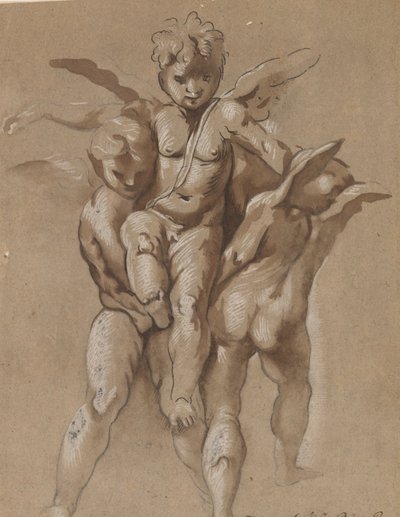 Zwei Putti tragen einen dritten Putti (recto); Ein Jüngling mit einem Stab (verso) von Giovanni Pietro Possenti