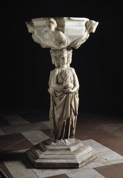 Weihwasserbecken am Pfeiler mit den drei theologischen Tugenden und der Schale mit den Büsten der vier Kardinaltugenden, 13. Jahrhundert (Skulptur) von Giovanni Pisano