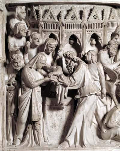 Detail der Reliefs des Stuhls von Giovanni Pisano: Die Darstellung Jesu im Tempel (Detail der Reliefs des Marmorpults) von Giovanni Pisano