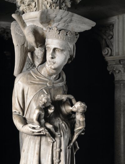 Detail der Skulpturengruppen, die den Stuhl stützen: Die Kirche nährt ihre Kinder (Detail) von Giovanni Pisano