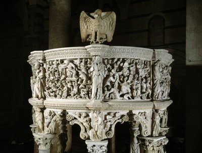 Übersicht des oberen Teils des Stuhls von Giovanni Pisano (Detail der Reliefs des Marmorpults) von Giovanni Pisano