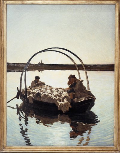 Ave Maria: Eine Mutter hält ihr Kind fest, während eine Herde Schafe eine Fähre überquert von Giovanni Segantini