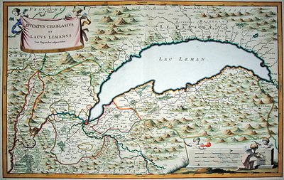 Genfer See, aus einem zweibändigen Stadtbuch von Savoyen und Piemont, graviert von Joannes de Broen (1649-c.1730) von Giovanni Tommaso (after) Borgionio