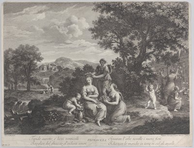 Primavera, eine Gruppe von Frauen, die Blumen sammeln und daraus Kronen machen, ca. 1764 von Giovanni Volpato