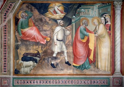 Das Leben der Jungfrau: die Verkündigung an Joachim und Begegnung mit der Heiligen Anna am Goldenen Tor (Fresko) von Giovanni da Milano