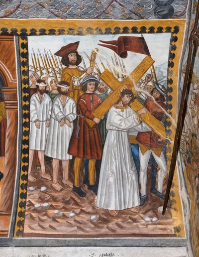 Geschichten der Passion Christi: Jesus geht mit dem Kreuz auf den Kalvarienberg und wird von Cyrenaeus unterstützt von Giovanni di Cherasco Botoneri