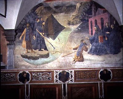 Der heilige Benedikt holt die Axt des Holzfällers aus dem See, Detail aus dem Freskenzyklus des Lebens des heiligen Benedikt aus dem Chiostro degli Aranci, ca. 1430er Jahre von Giovanni di Consalvo (attr. to)