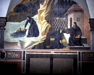 Der heilige Benedikt schickt Mauro, um den ertrinkenden Placidus aus dem See zu retten (Detail aus dem Freskenzyklus des Lebens des heiligen Benedikt aus dem Chiostro degli Aranci (Orangenkloster), ca. 1430er Jahre) von Giovanni di Consalvo (attr. to)