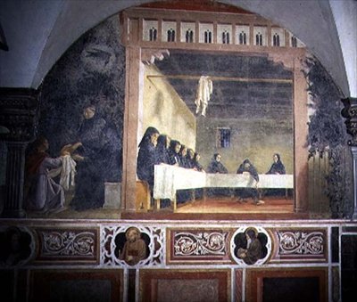 St. Benedikt und das vergiftete Brot, Detail aus dem Freskenzyklus des Lebens des St. Benedikt aus dem Chiostro degli Aranci (Orangenkloster) ca. 1430er von Giovanni di Consalvo (attr. to)