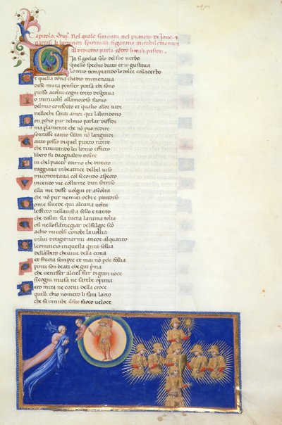 Paradiso, Canto XVIII. Miniatur zeigt Dante und Beatrice vor der Halbfigur von Cacciaguida, der sich am Rand des Himmels des Mars befindet, der die geflügelte Figur des Mars in seiner Mitte hat. Dante wird die acht heiligen Krieger gezeigt, die erscheinen von Giovanni di Paolo