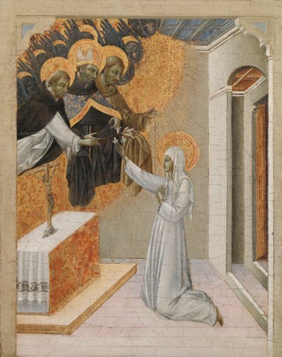 Predella-Tafel eines Altars: St. Katharina von Siena wird mit dem Dominikanerhabit bekleidet von Giovanni di Paolo