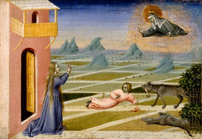 Hl. Klara rettet ein von einem Wolf zerfleischtes Kind, ca. 1455-60 von Giovanni di Paolo di Grazia