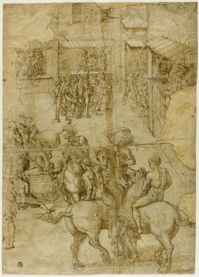 Mythologische Parade (recto); Unleserliche Inschriften und anatomische Studien des Kopfes (verso) von Girolamo Genga