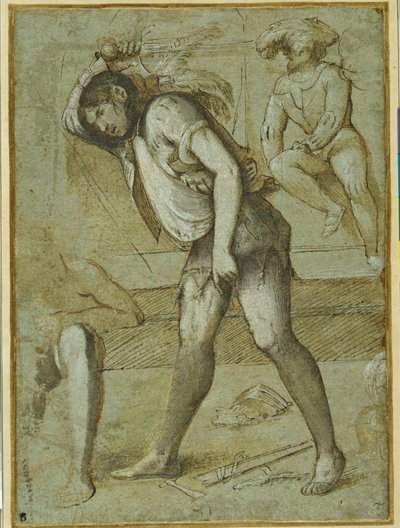Ein Henker kurz vor der Enthauptung eines bärtigen Heiligen von Girolamo Romanino