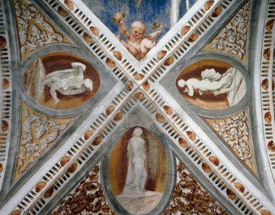 Mosaiknischen und Statuen, Detail der Fresken von Girolamo Romanino, im Auftrag von Bernardo Clesio von Girolamo Romanino