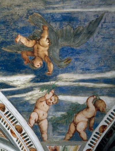 Raub des Ganymed und Putti, Mosaiknischen und Statuen, Detail der Fresken von Girolamo Romanino, im Auftrag von Bernardo Clesio von Girolamo Romanino