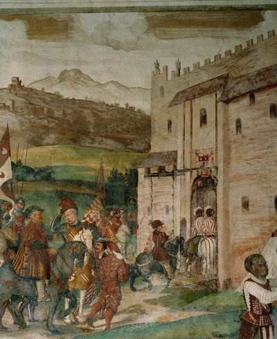 Rückkehr von Bartolomeo Colleoni und König Christian nach Malpaga nach der Jagdgesellschaft von Girolamo Romanino