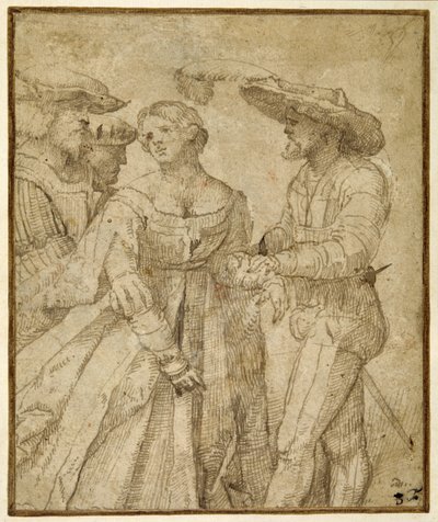 Szene der Galanterie: vier Figuren vor einer Landschaft von Girolamo Romanino