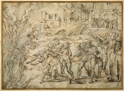 Der Scheiterhaufen vor Hannibals Truppen beim Fall von Saguntum von Girolamo Romanino