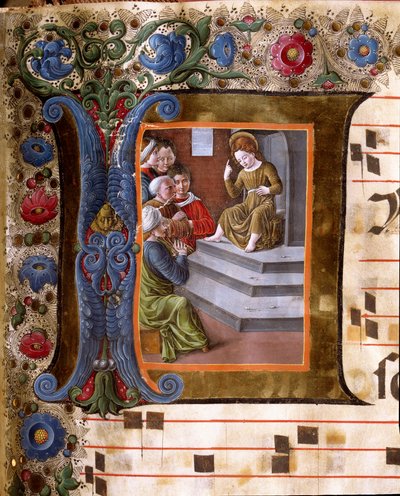 Illuminierte Initiale, die das Christkind und die Ärzte darstellt. Miniatur von Girolamo da Cremona (aktiv um 1451-1483) und Liberale da Verona (1445-1529) aus einem Chorbuch (Cod. 19/4. c.13.) aus der Kathedrale von Siena. 15. Jahrhundert von Girolamo da Cremona