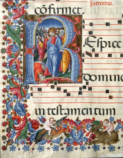 Illuminierte Initiale, die Christus und den Aussätzigen darstellt. Miniatur von Girolamo da Cremona (aktiv um 1451-1483) und Liberale da Verona (1445-1529) aus einem Chorbuch (Cod. 19/4. c.26.) aus der Kathedrale von Siena. 15. Jahrhundert von Girolamo da Cremona