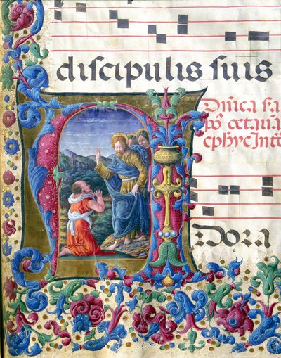 Illuminierte Initiale, die die Vision des Jesaja darstellt. Miniatur von Girolamo da Cremona (aktiv um 1451-1483) und Liberale da Verona (1445-1529) aus einem Chorbuch (Cod. 19/4. c.9v.) aus der Kathedrale von Siena. 15. Jahrhundert von Girolamo da Cremona