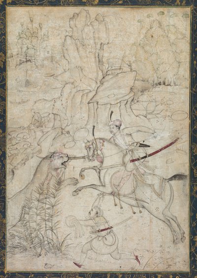 Ein berittener Prinz jagt einen Löwen in einer felsigen Landschaft von Girolamo della Robbia