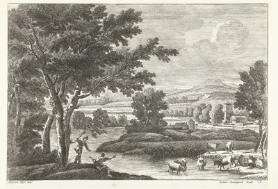 Landschaft mit Hirten und Vieh am Wasser von Giuliano Giampiccoli