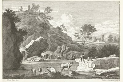 Landschaft mit zwei Hirten und Vieh am Wasser von Giuliano Giampiccoli