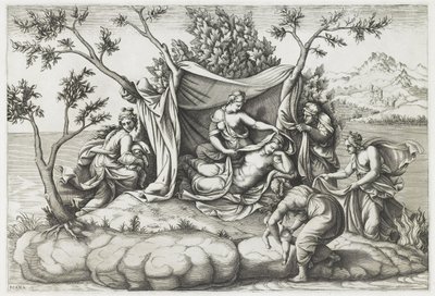 Latona gebiert Apollo und Diana, graviert von Diana Mantovana, nach 1575 von Giulio (after) Romano