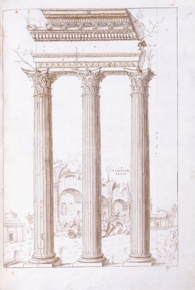 Die Säulen des Tempels von Castor und Pollux, mit dem Tempel des Friedens im Hintergrund, ca. 1550 von Giulio (circle of) Romano