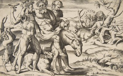 Ein betrunkener Silen reitet auf einem Esel, unterstützt von Satyrn, 1531-76 von Giulio Bonasone