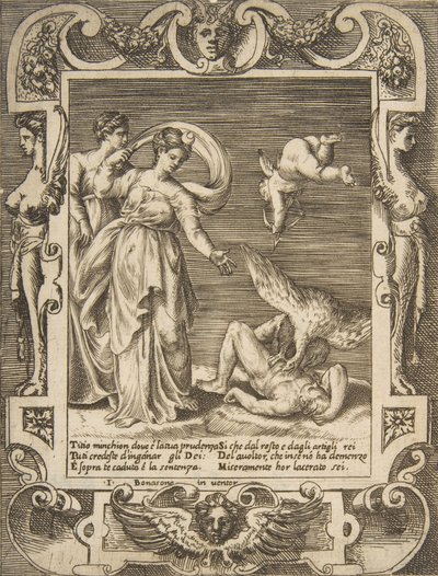 Ein Geier frisst die Eingeweide des Titius, Amor über zwei Frauen links, 1531-76 von Giulio Bonasone