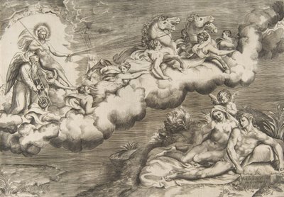 Eine Allegorie der aufgehenden Sonne, ein nackter Mann in einem Leichentuch und begleitet von Vater Zeit (1531-76) von Giulio Bonasone