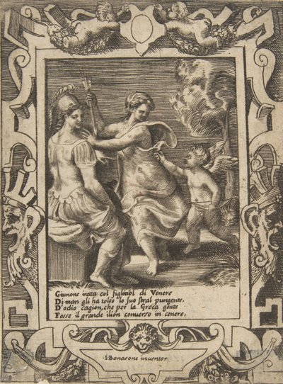 Athena sitzt neben Juno, die Cupidos Pfeile weggenommen hat, in einem aufwendigen Rahmen, 1531-76 von Giulio Bonasone